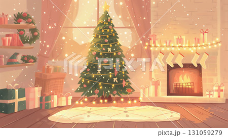 暖炉とクリスマスツリーの室内イラスト 暖炉とクリスマスツリーの室内イラスト 131059279