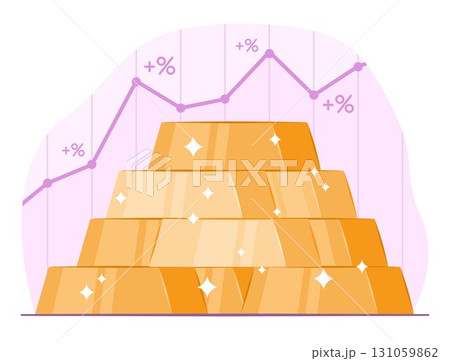 Stack of Gold Bullion with Stock Exchange Line Graph Chart Report for Online Thematic Investment Concept Illustration 131059862