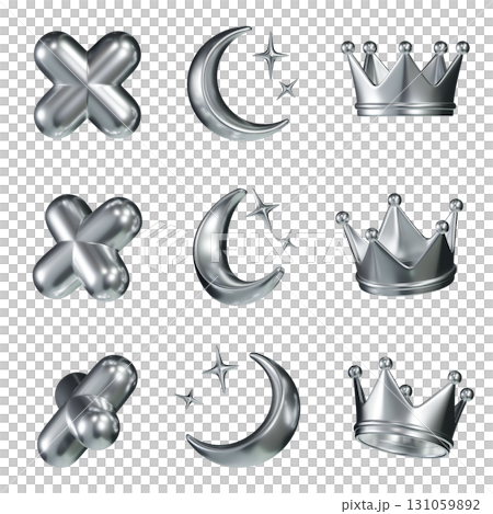 Shiny Metallic Silver 3D Icon Set Crosse Moon Crown 131059892
