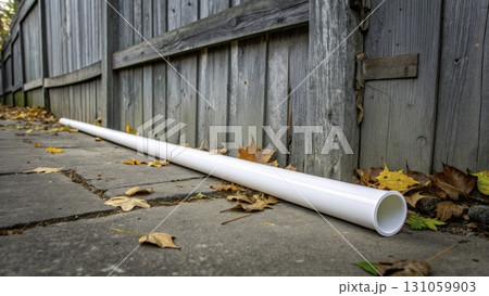 Long white pipe rests on a stone path surrounded by fallen autumn leaves near a wooden fence  131059903