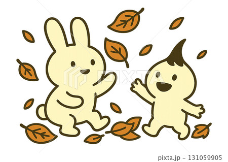 うさぎと涙型キャラクターの秋遊び（落ち葉とキャラクターイラスト） 131059905