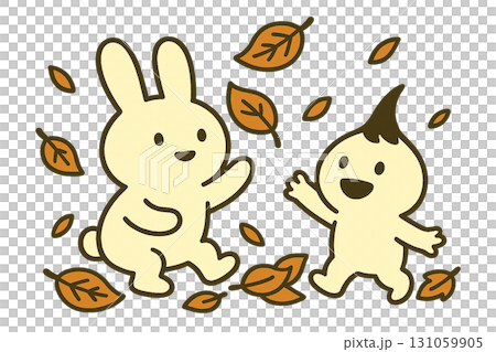 うさぎと涙型キャラクターの秋遊び（落ち葉とキャラクターイラスト） 131059905