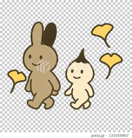 與兔子和淚珠人物一起的秋季散步（銀杏葉和可愛的插圖） 131059907