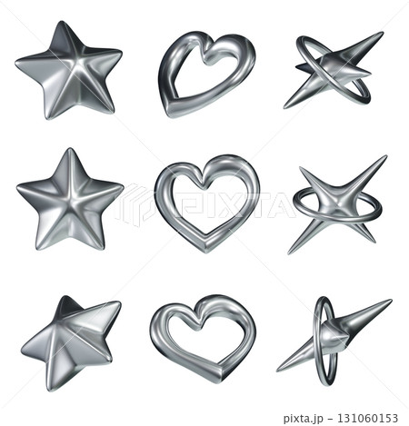 Shiny Metallic Silver 3D Icon Set star, heart, sparkle Shiny Metallic Silver 3D Icon Set star, heart, sparkle 131060153