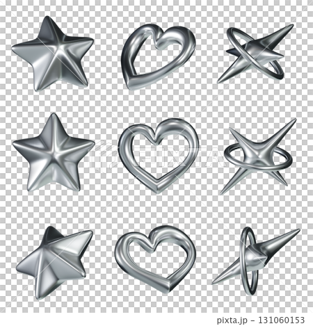 Shiny Metallic Silver 3D Icon Set star, heart, sparkle 131060153