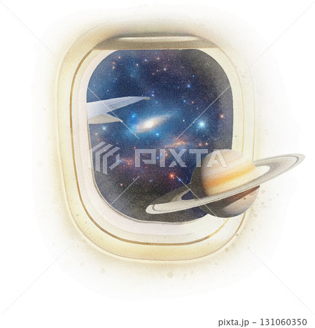 飛行機の窓から広がる宇宙 水彩画風 generated AI. 131060350