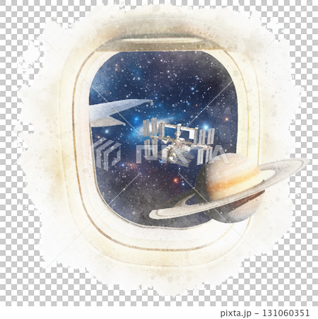 飛行機の窓から広がる宇宙と国際宇宙ステーション 水彩画風 generated AI. 131060351