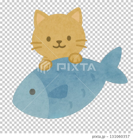 大きなお魚からひょっこり顔を出す子猫のイラスト 131060357