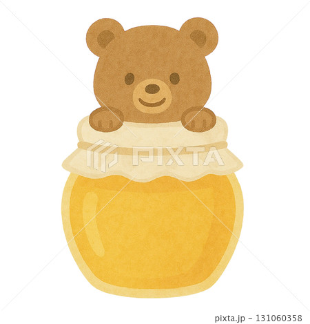 大きなハチミツの瓶からひょっこり顔を出す子グマのイラスト 131060358