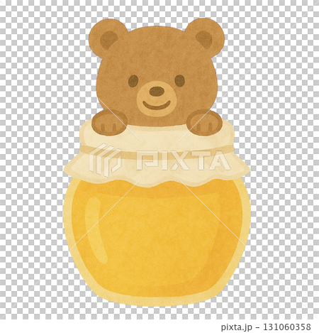 大きなハチミツの瓶からひょっこり顔を出す子グマのイラスト 131060358
