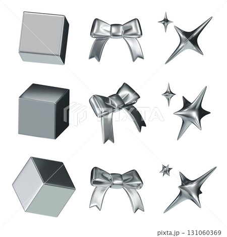 Shiny Metallic Silver 3D Icon Set cube, bow, ribbon, sparkling star 131060369
