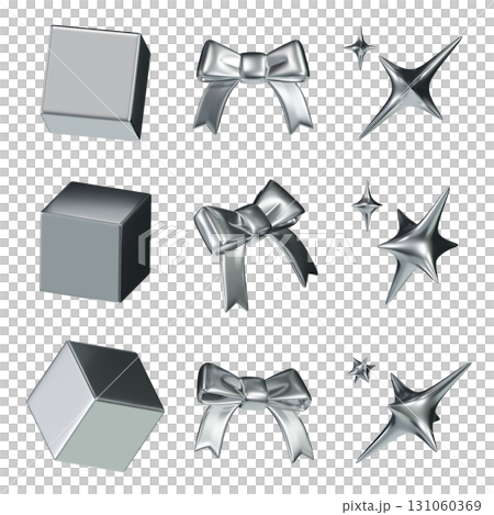Shiny Metallic Silver 3D Icon Set cube, bow, ribbon, sparkling star 131060369