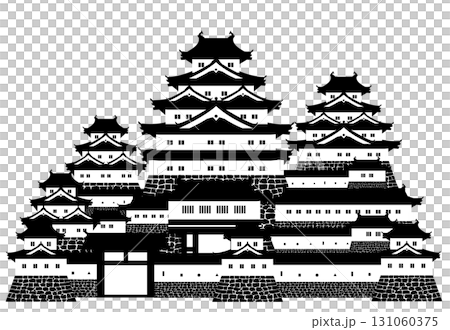 Japanese castle: Black and white silhouette of castle walls with towers and turrets 131060375
