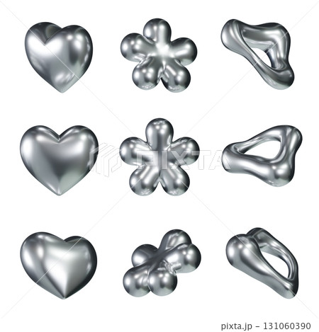 Shiny Metallic Silver 3D Icon Set heart, flower, Abstract Form Shiny Metallic Silver 3D Icon Set heart, flower, Abstract Form 131060390