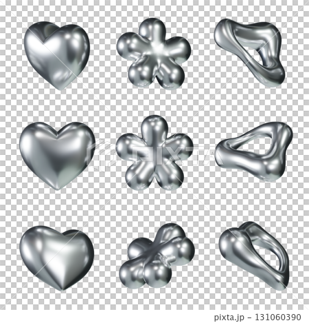 Shiny Metallic Silver 3D Icon Set heart, flower, Abstract Form Shiny Metallic Silver 3D Icon Set heart, flower, Abstract Form 131060390