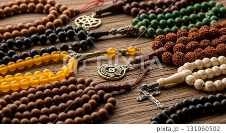 Collection of Religious Prayer Beads and Spiritual Jewelry on Wooden Background Collection of Religious Prayer Beads and Spiritual Jewelry on Wooden Background 131060502