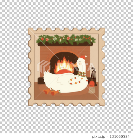 Cute Goose Relaxing by Fireplace with Garland and Christmas Decor, Cozy Winter Holiday Illustration 131060584