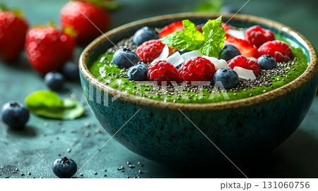 Vibrant Green Smoothie Bowl with Fresh Berries 131060756