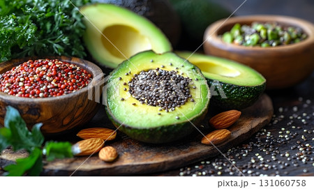 Avocado Bowl Filled With Chia Seeds, Quinoa, and Almonds 131060758