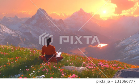 Woman Meditating and Reading in a Mountain Meadow at Sunset Woman Meditating and Reading in a Mountain Meadow at Sunset 131060777