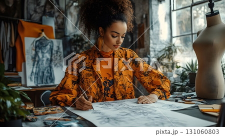 Female Fashion Designer Sketching Designs 131060803