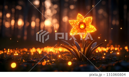 Glowing Daffodil Flower in Dark Forest 131060804
