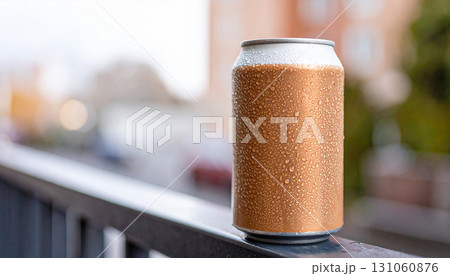 Cold Soda Can Covered with Water Droplets on a Railing Cold Soda Can Covered with Water Droplets on a Railing 131060876