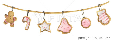 Watercolor Christmas garland ornament border decoration bunting holiday party festive merry xmas greeting card. Watercolor Christmas garland ornament border decoration bunting holiday party festive merry xmas greeting card. 131060967