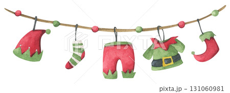 Watercolor Christmas garland ornament border decoration bunting holiday party festive merry xmas greeting card. 131060981