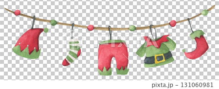 Watercolor Christmas garland ornament border decoration bunting holiday party festive merry xmas greeting card. 131060981