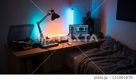 ネオンライトが灯る寝室の音楽制作デスク 131061670
