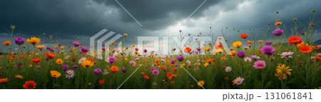 A field of flowers against a stormy sky. 131061841