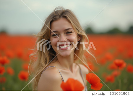 A depiction of a young lady in a field, surrounded by blossoms. 131061902