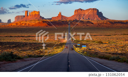 Forrest Gump Point at sunrise. Long road leading to Monument Valley in Utah, USA 131062054