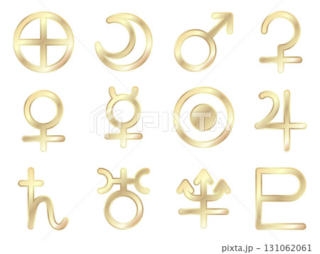 天体記号のアイコンセット金色　地球　月　太陽　水星　金星　火星　木星　土星　海王星　冥王星　天王星 131062061