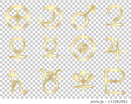 天体記号のアイコンセット金色　地球　月　太陽　水星　金星　火星　木星　土星　海王星　冥王星　天王星 131062061