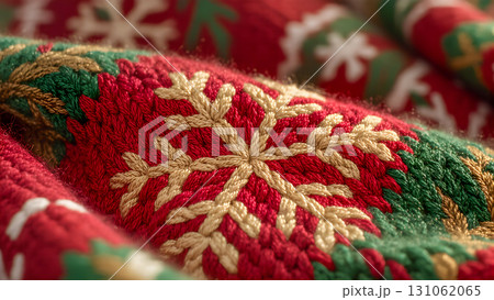 A close-up of the texture of a traditional Christmas sweater. The primary colors are red, green, white, and gold. A crisp, detailed snowflake takes center stage. The image conveys a sense of comfort,  131062065