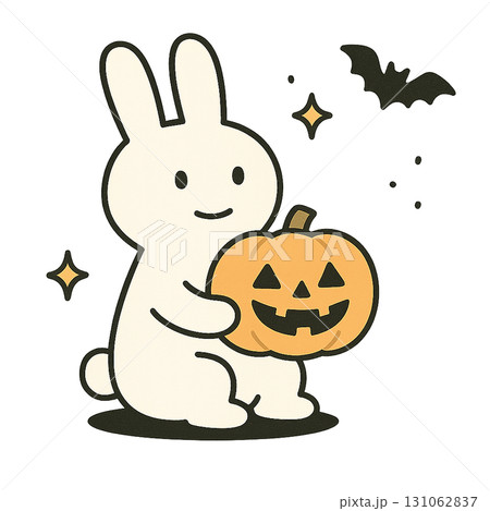 ジャックオランタンを抱えるうさぎのかわいいハロウィンイラスト（背景透過PNG） 131062837