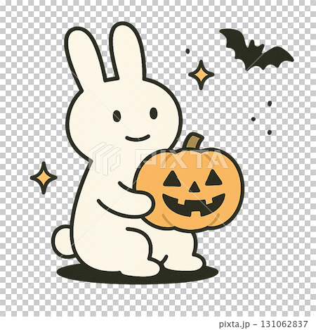 ジャックオランタンを抱えるうさぎのかわいいハロウィンイラスト（背景透過PNG） 131062837