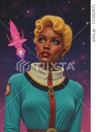 A woman astronaut in a space suit against the backdrop of outer space in a cartoon style. 131062972