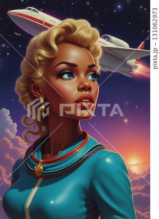 A woman astronaut in a space suit against the backdrop of outer space in a cartoon style. A woman astronaut in a space suit against the backdrop of outer space in a cartoon style. 131062973