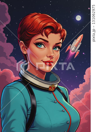 A woman astronaut in a space suit against the backdrop of outer space in a cartoon style. 131062975
