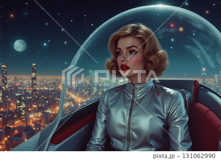 portrait of a girl astronaut, dressed in a silver suit, sitting in an aircraft against the backdrop of the landscape of the megacity of the future 131062990