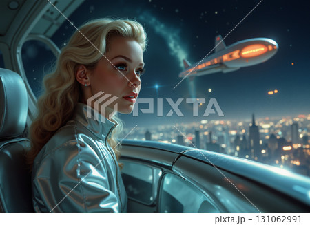 portrait of a girl astronaut, dressed in a silver suit, sitting in an aircraft against the backdrop of the landscape of the megacity of the future 131062991