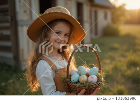 girl posing with basket of painted eggs for easter holiday against beautiful sunset in front of henhouse and farm 131062996
