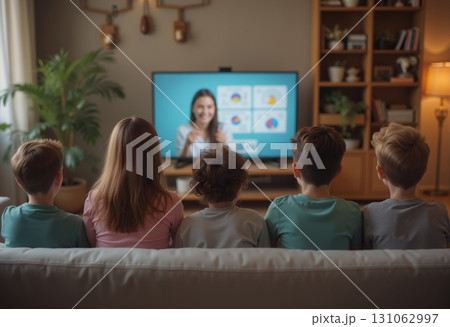 group of children sitting at home on the couch in a cozy interior and watching an online lesson with a teacher on TV, concept of distance education 131062997
