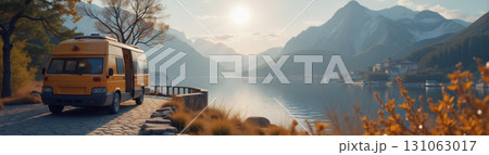 minivan parked on the shore of a beautiful lake and mountains with a view of the sunset concept of road trips 131063017