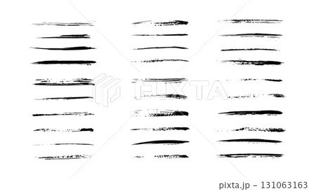 Set of thin black stripes with grunge style, hand drawn ink lines, grunge element for design, stripes with noise with thin brush, paintbrush vector collection, abstract geometric straight brush 131063163