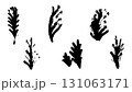 Collection of black leaves drawn with dry brush, tree branches drawn with ink, field with flowers, pattern with grunge flowers and leaves, black stems with various flowers, blots in the form of leaves 131063171