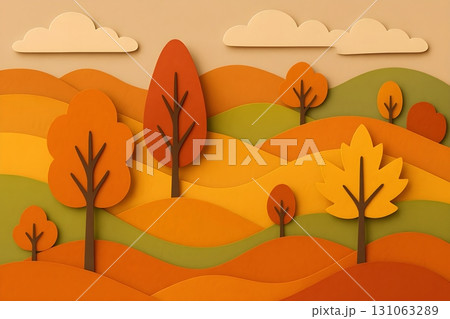 Playful paper-cut autumn landscape with rolling orange and green hills, stylized trees 131063289